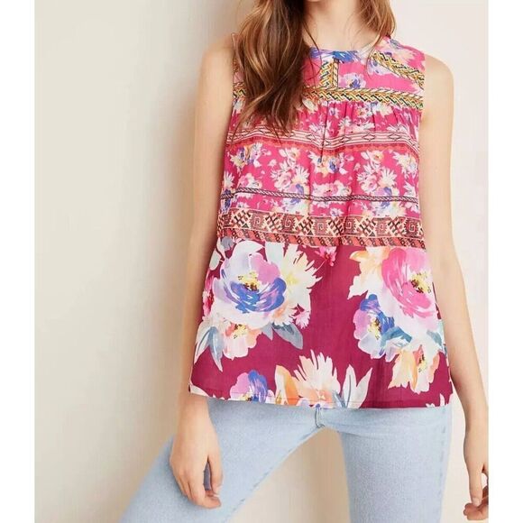 Vineet‎ Bahl Anthropologie Roderiga Embroidered Sleeveless Top Medium Boho Pink - Picture 1 of 6
